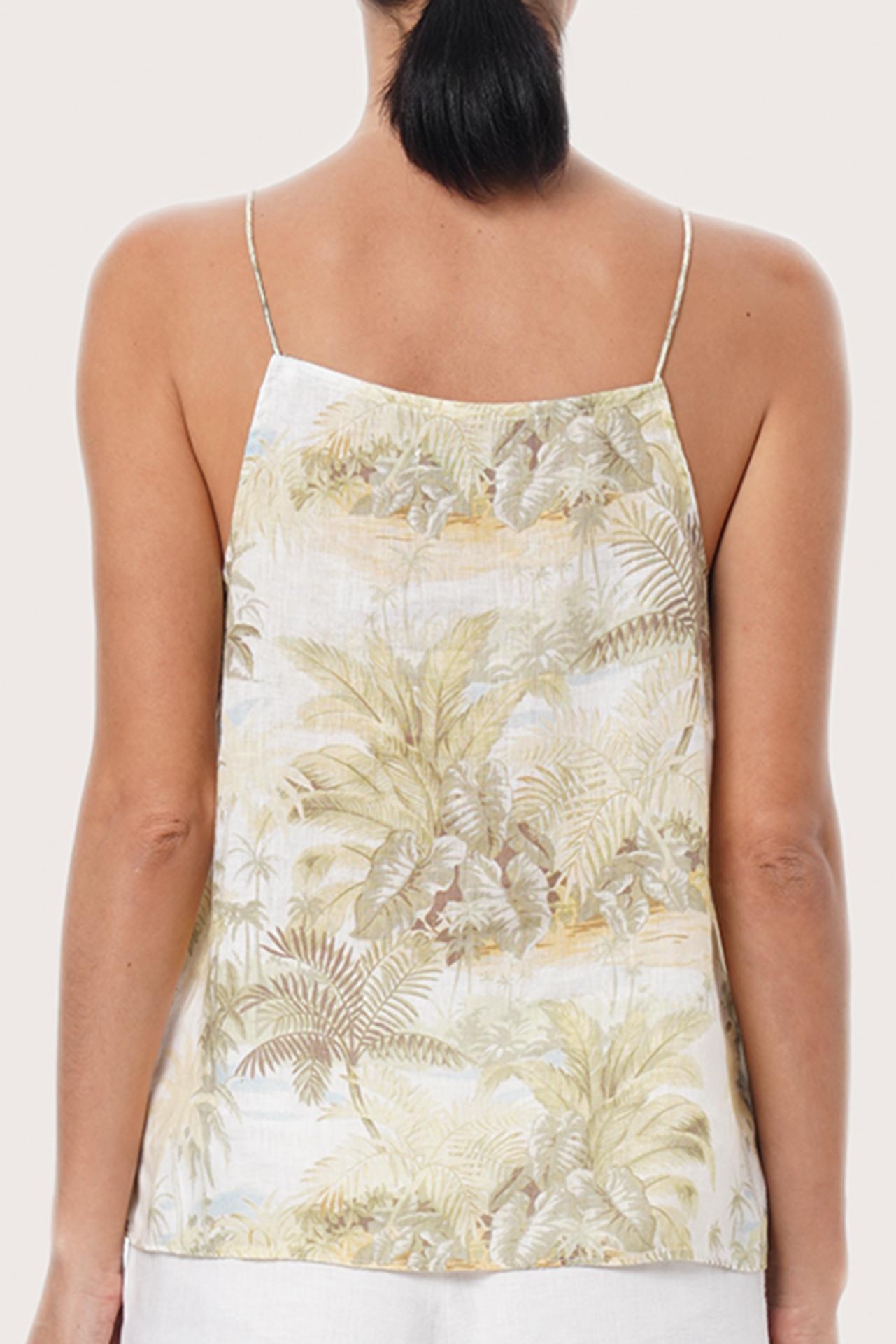 Close-up view of the Linen Square Top showcasing artisanal island-inspired detailing