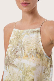 Lightweight linen square top with tropical multicolor island-inspired print