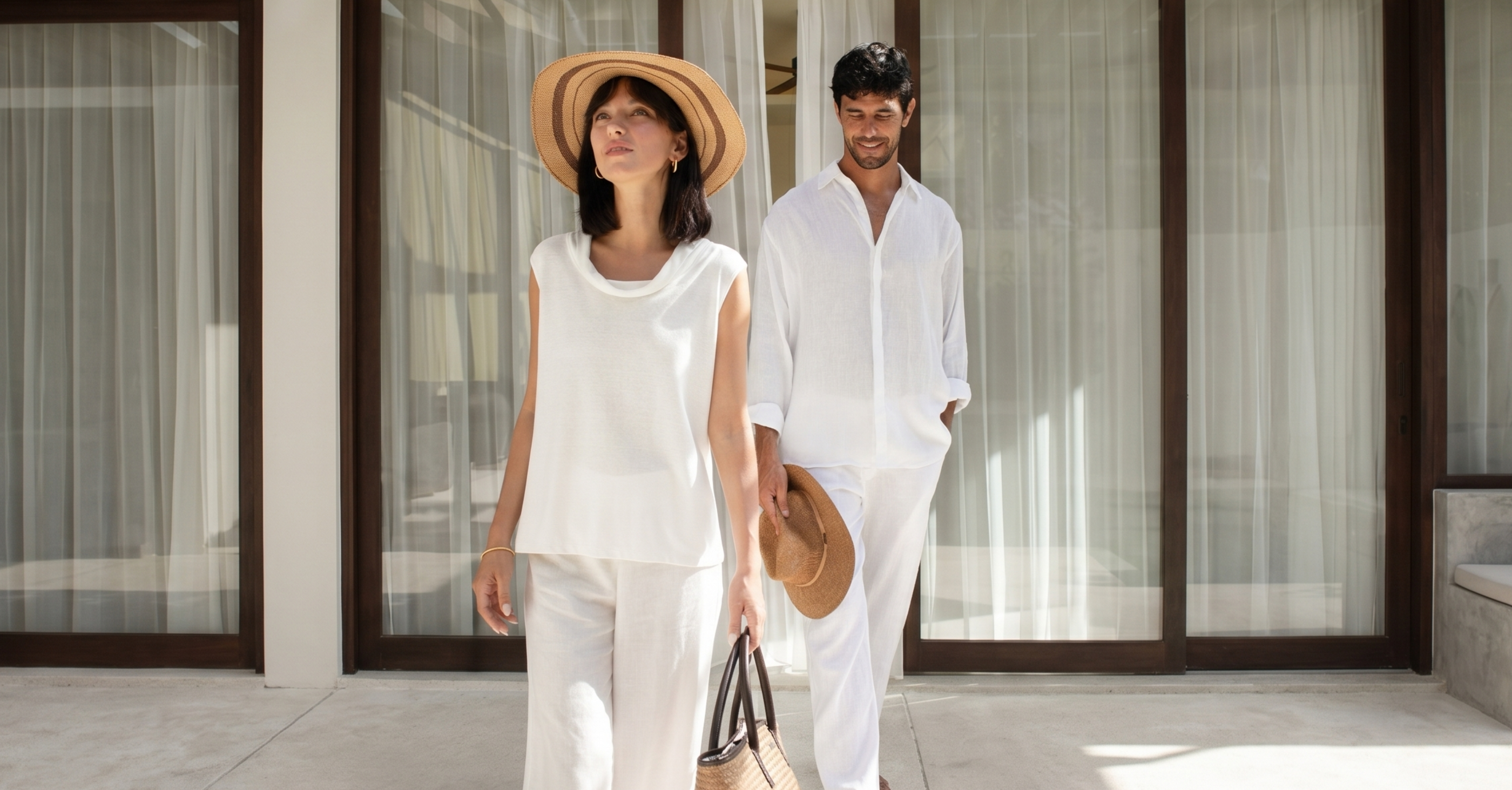 linen white shirts couple in the villa in bali