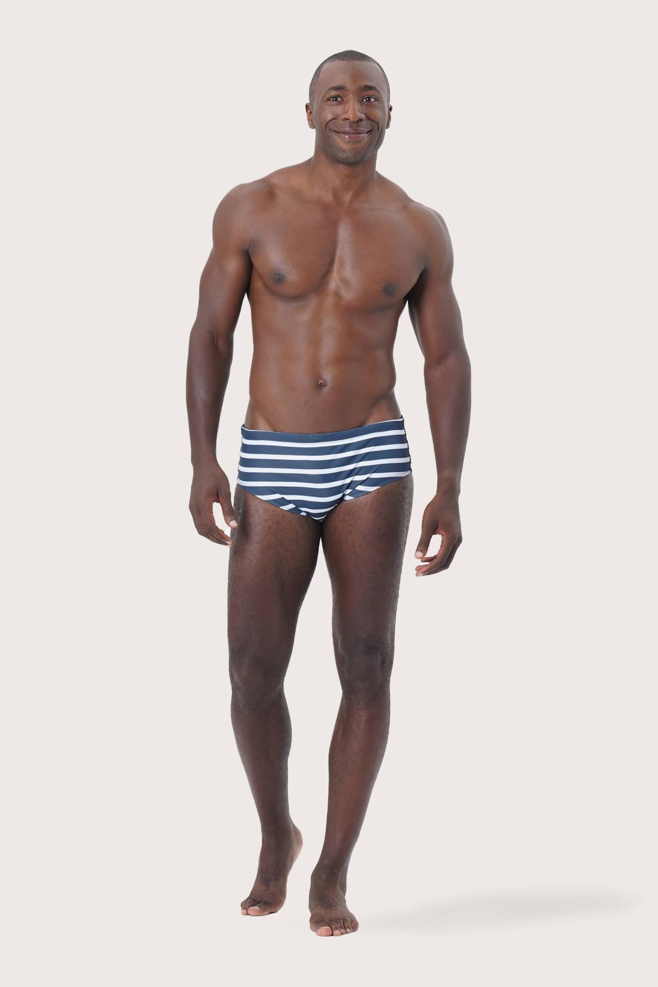 Front view of Luka Swim Brief Stripes Layns featuring a refined striped swimwear silhouette