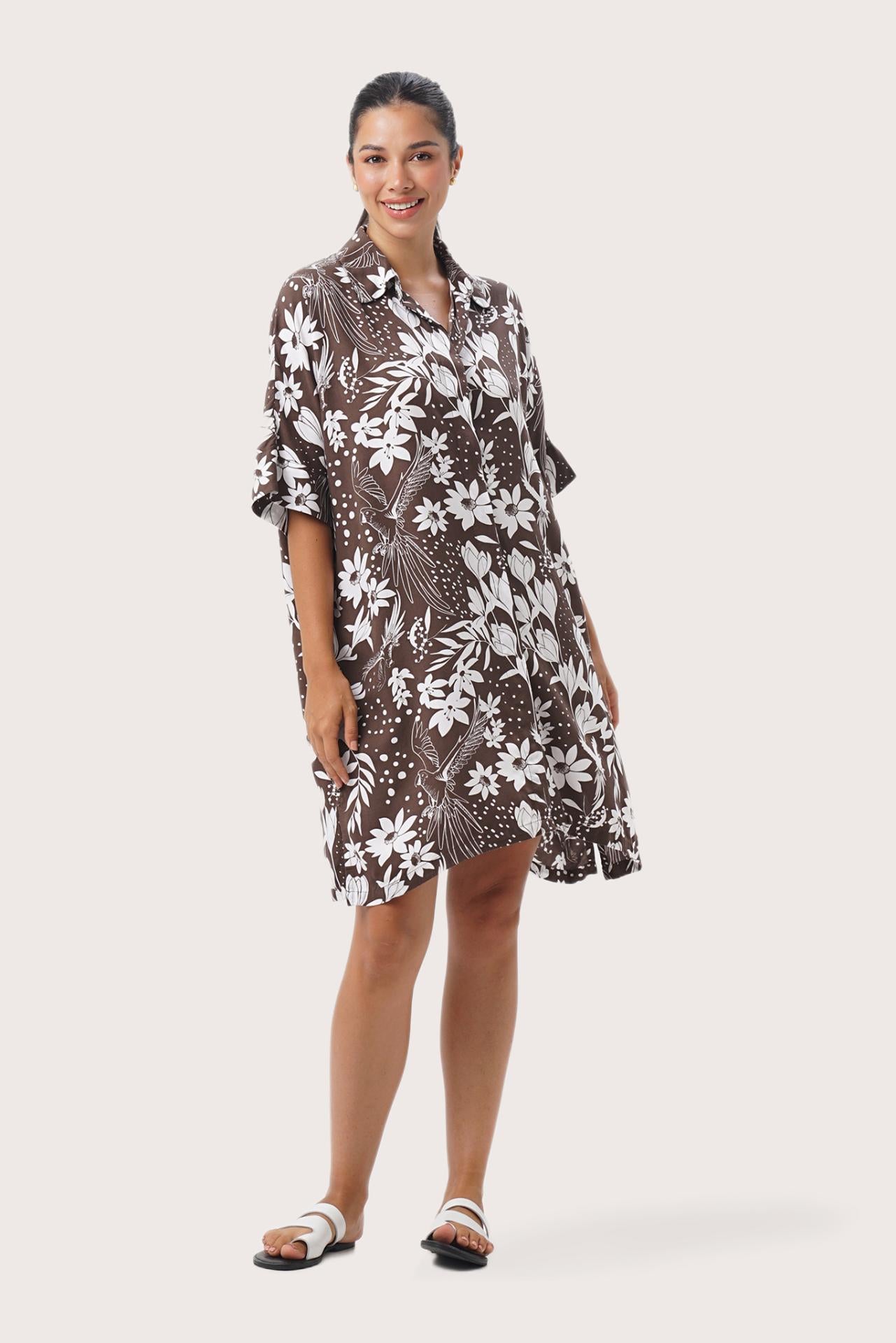 Woman wearing the Lupita Midi Dress Brown designed for effortless resortwear and tropical living by By The Sea Bali