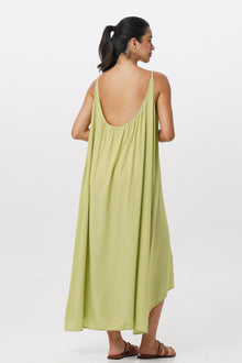 Back view of the Mala Lowback Maxi Dress Lime Green highlighting the garment shape and drape
