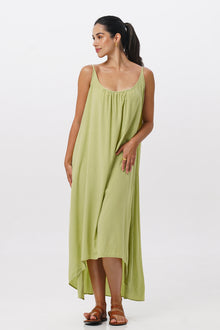 Woman wearing the Mala Lowback Maxi Dress Lime Green designed for effortless resortwear and tropical living by By The Sea Bali