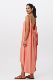 Back view of the Mala Lowback Maxi Dress Rosa highlighting the garment shape and drape