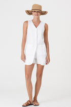 Front view of the white linen vest showcasing the tailored fit, sleeveless design and button-front closure