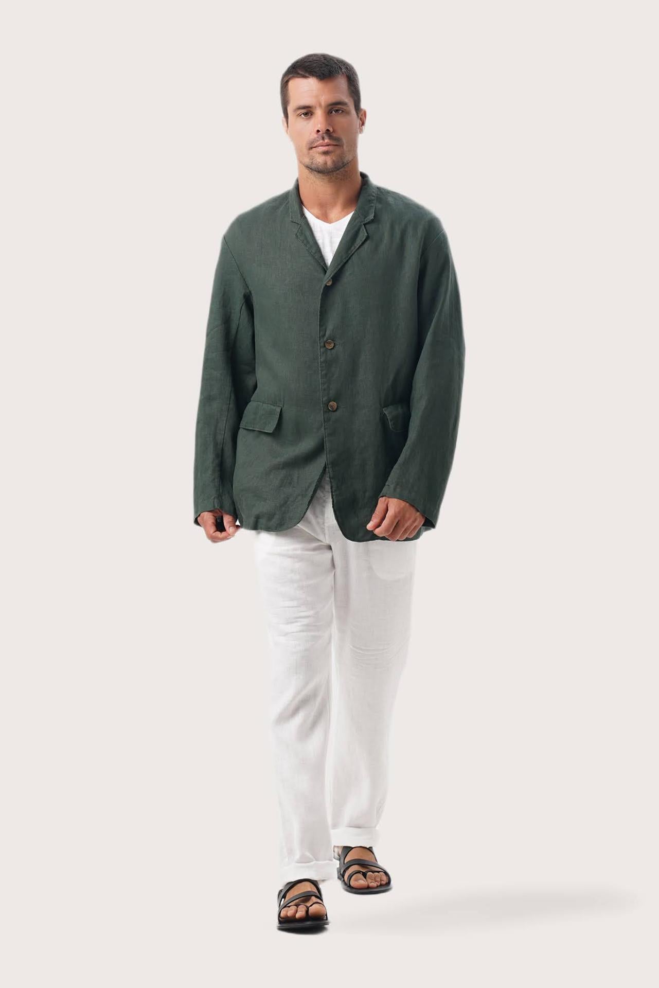 Model wearing the dark green linen Masa jacket by By The Sea Bali