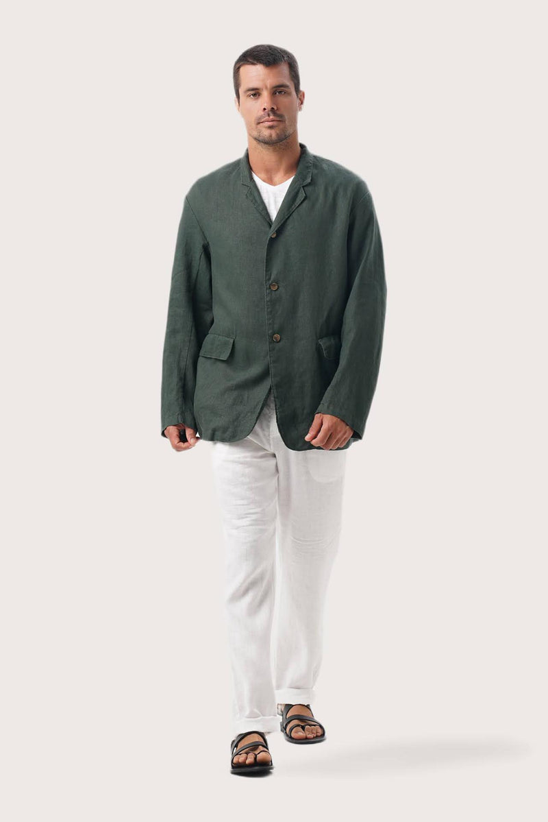 Model wearing the dark green linen Masa jacket by By The Sea Bali