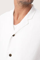 Close-up of the linen fabric texture and refined tailoring details on the natural white jacket