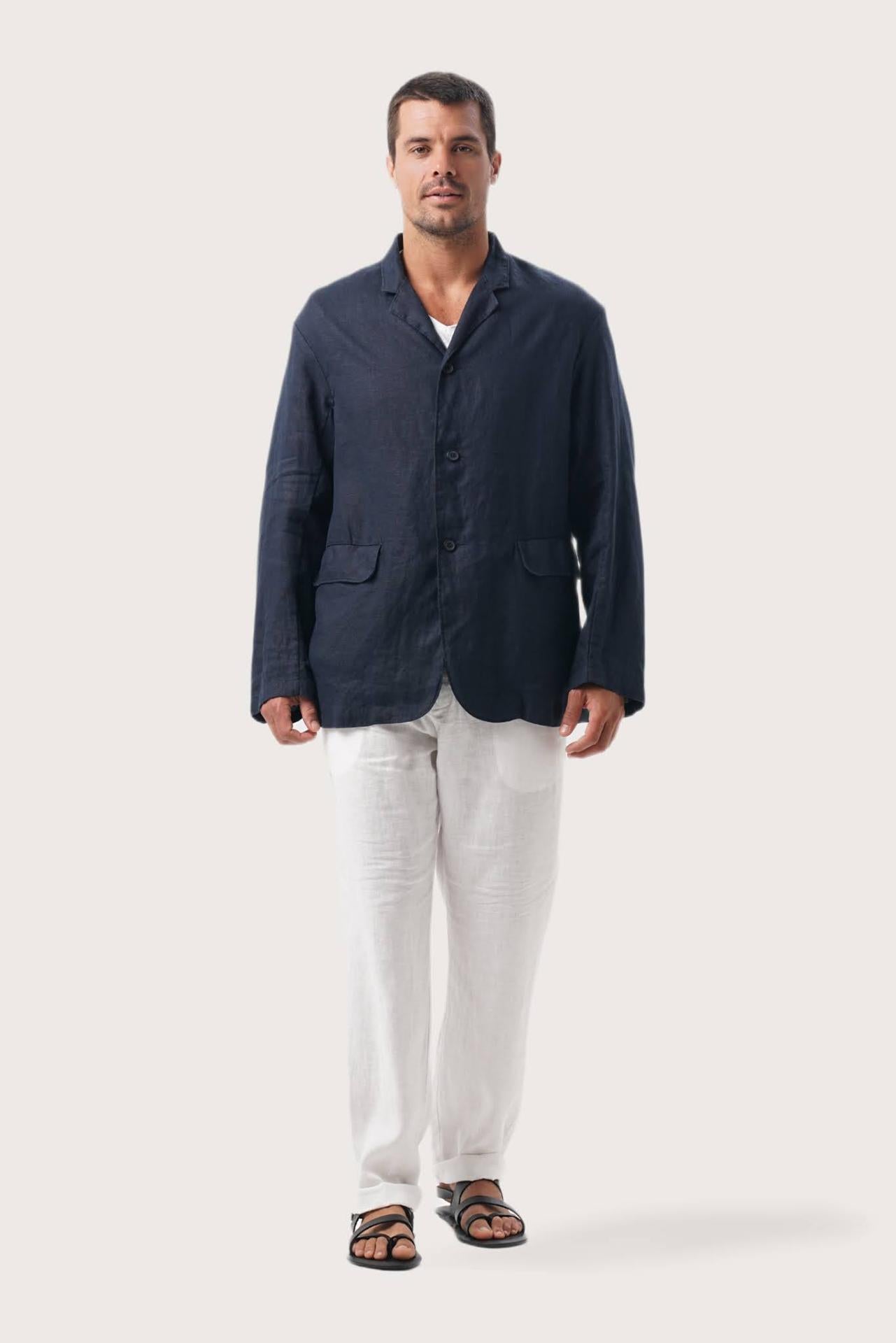 Model wearing the navy blue linen Masa jacket by By The Sea Bali
