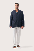 Model wearing the navy blue linen Masa jacket by By The Sea Bali
