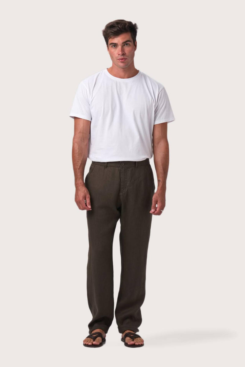 By The Sea Bali Maury Linen Long Pant in Chocolate — straight-fit 100% linen trouser for smart-casual dressing