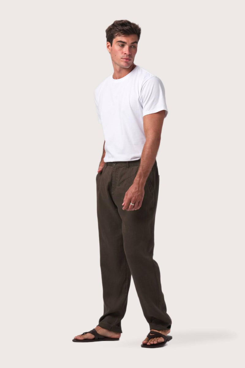 Side profile of the Maury Linen Long Pant in Chocolate by By The Sea Bali, tailored in pure linen