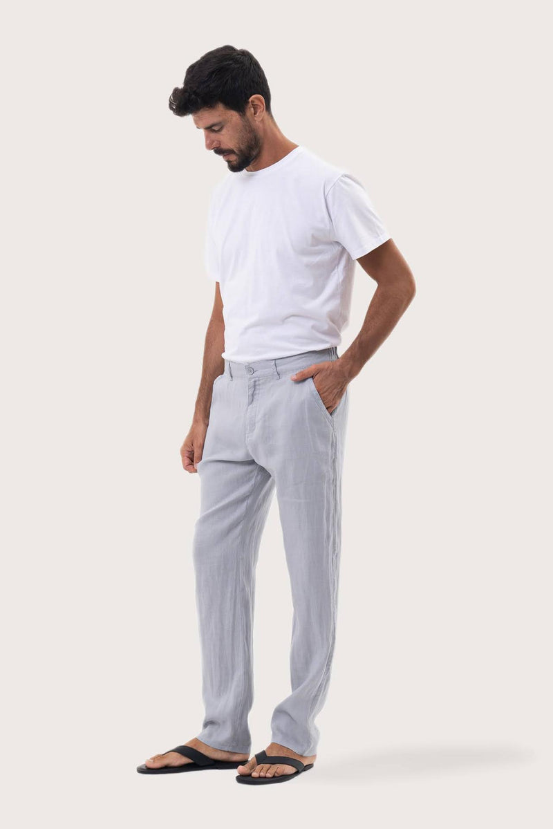 Side profile of the Maury Linen Long Pant in Light Blue by By The Sea Bali, tailored in pure linen