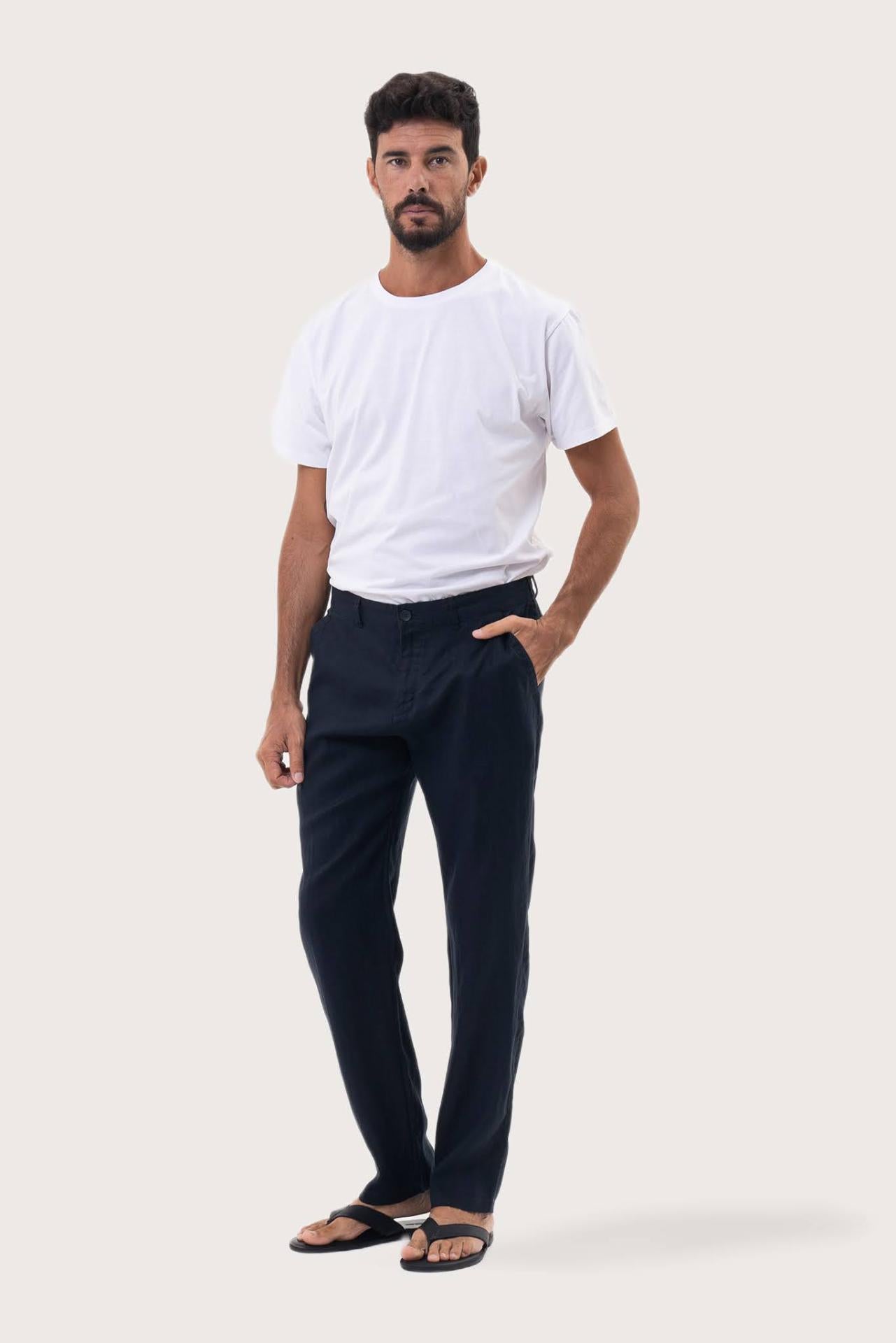Angled front view of the Maury Linen Long Pant in Navy by By The Sea Bali in breathable 100% linen