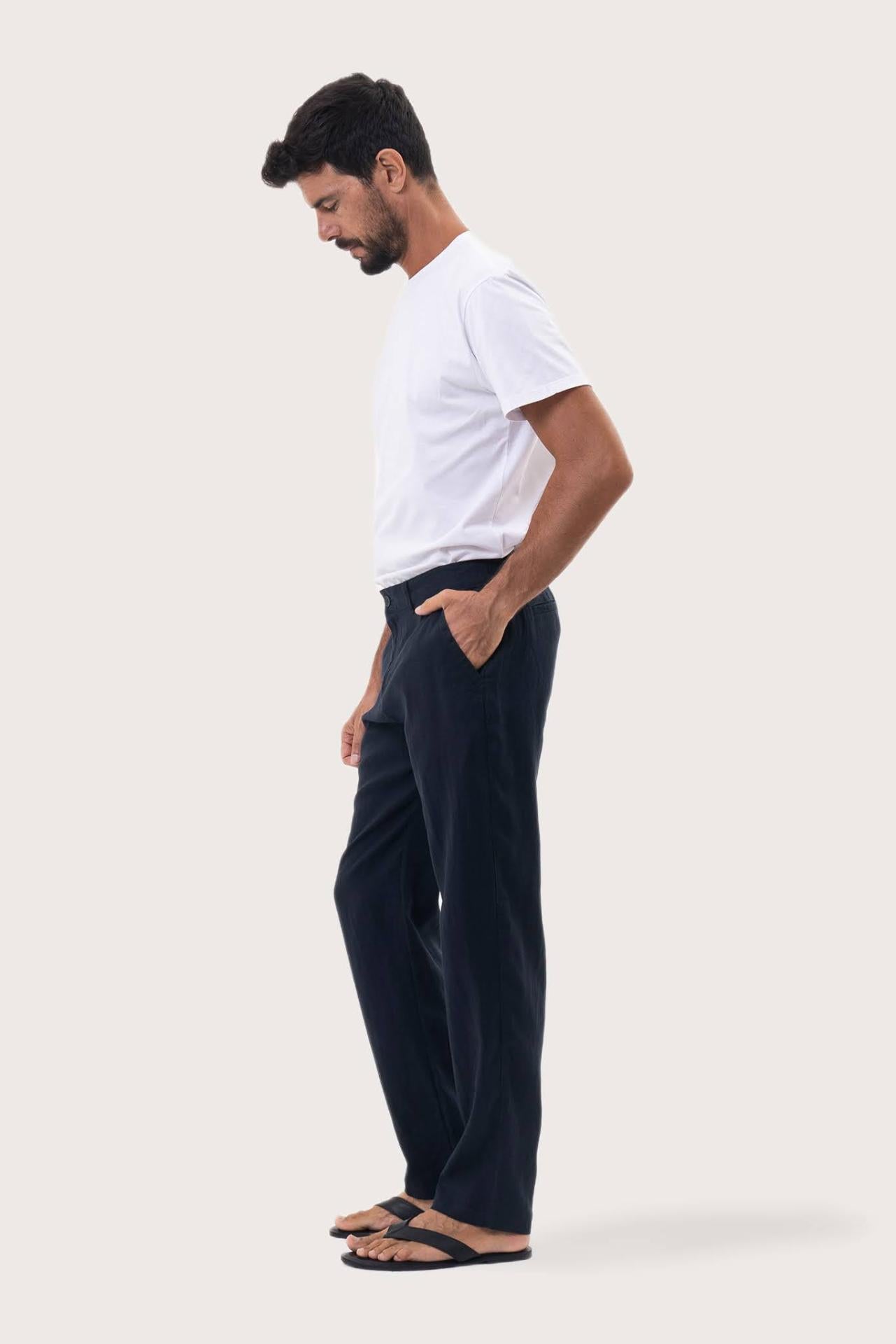 Side profile of the Maury Linen Long Pant in Navy by By The Sea Bali, tailored in pure linen