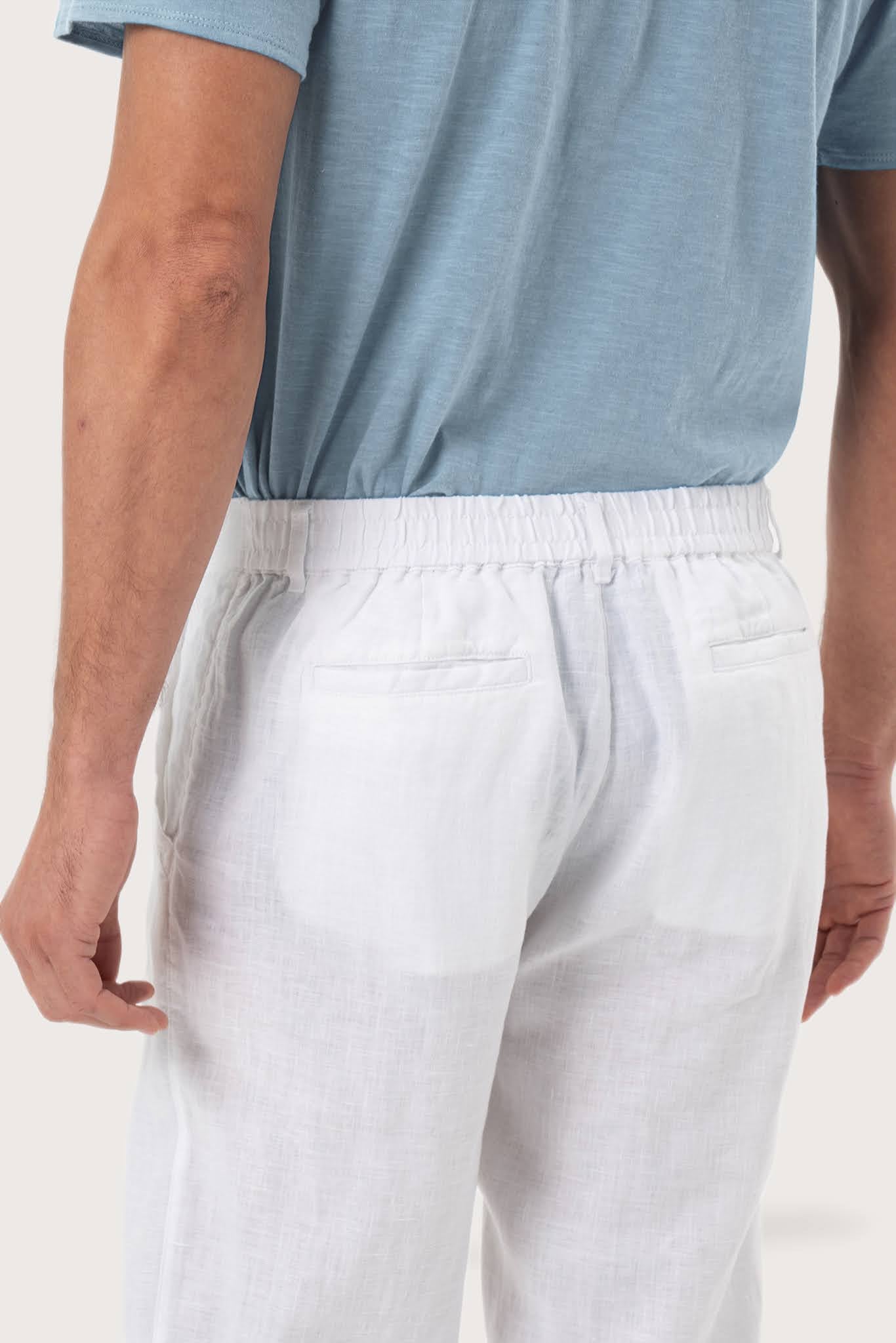 Back pocket detail of the White Maury Linen Long Pant revealing its refined linen tailoring by By The Sea Bali