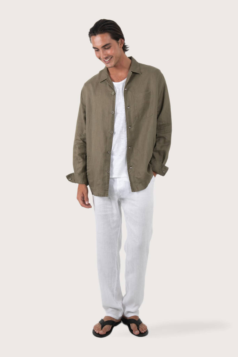 Model wearing the brown linen Maverick jacket by By The Sea Bali