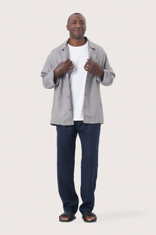 Model wearing the grey linen Maverick jacket by By The Sea Bali