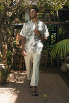 Lifestyle look featuring the Cotton Relax Drawstring Pant in Light Grey Green by By The Sea Bali — elevated men's resortwear