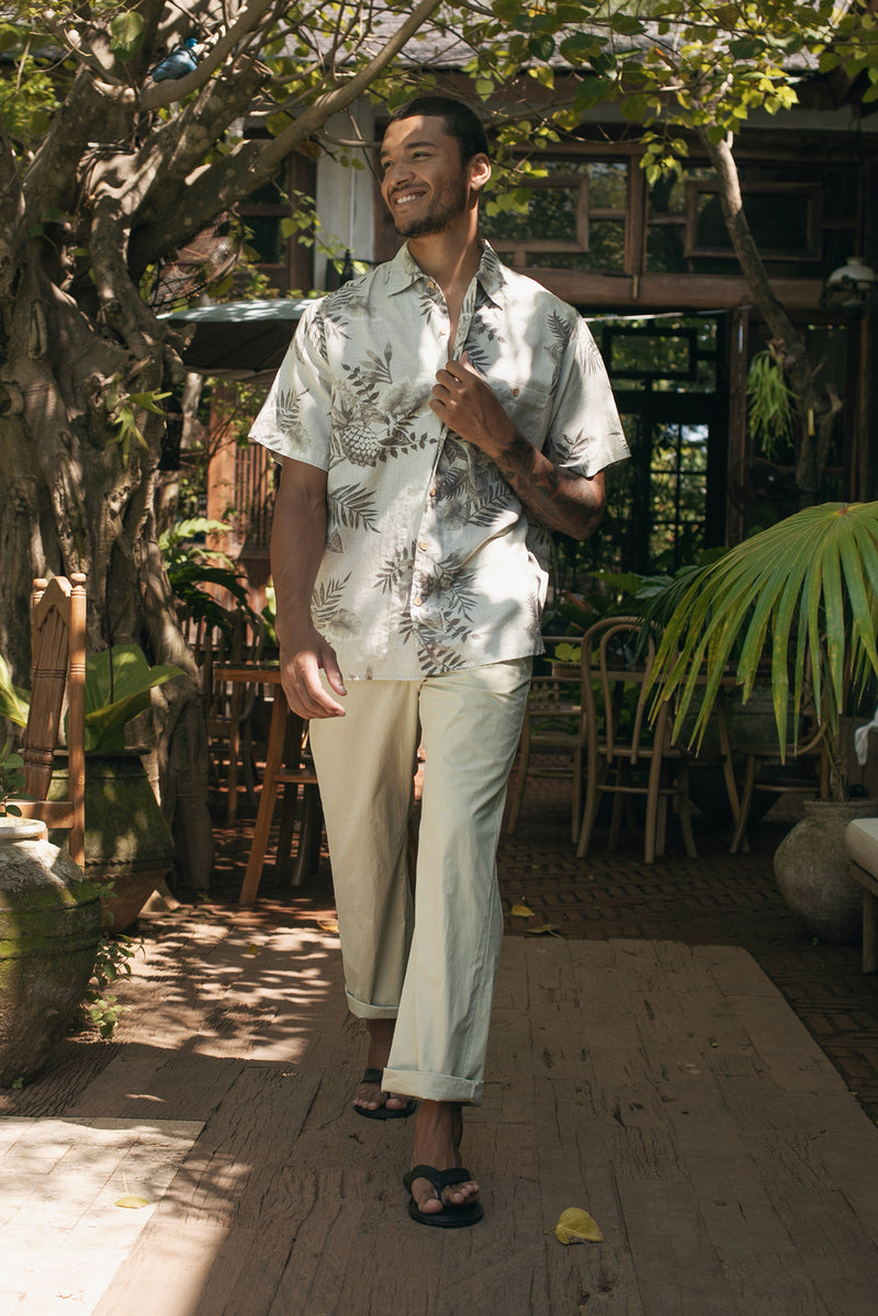 Lifestyle look featuring the Cotton Relax Drawstring Pant in Light Grey Green by By The Sea Bali — elevated men's resortwear