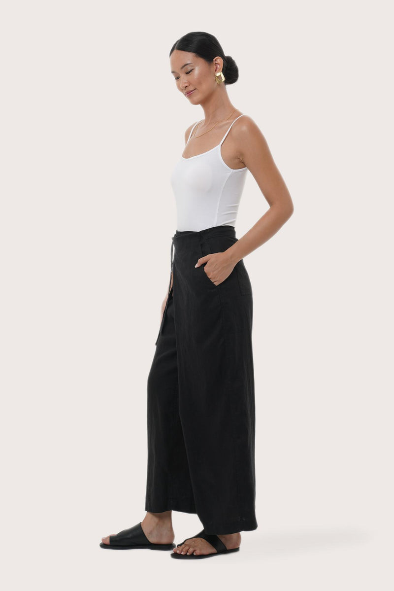 By The Sea Bali Side profile of the Merca Wrap Pant showcasing its fluid drape and wrap design