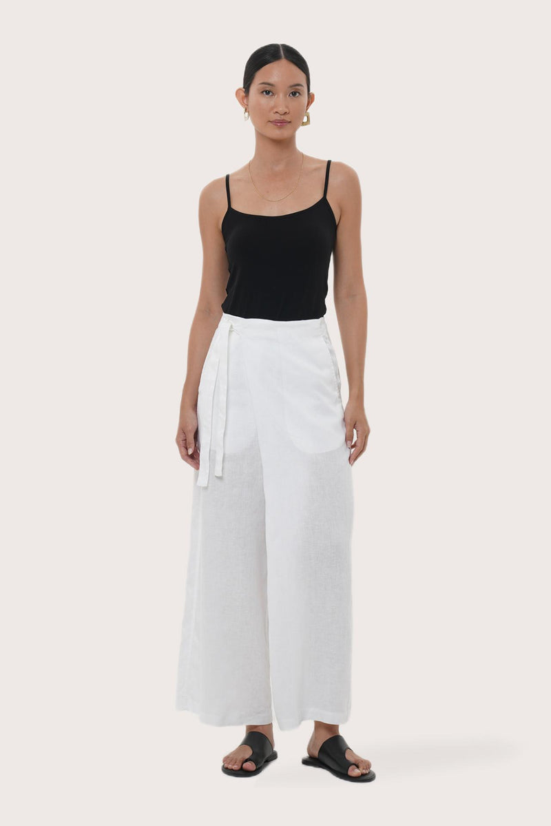 By The Sea Bali Merca Wrap Pant in White featuring an elegant wrap silhouette and relaxed resort style