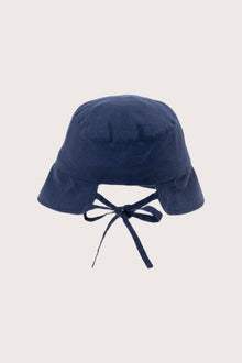 Back view of the Miki Linen Half Brim Hat Navy showcasing its lightweight structure and elegant finish
