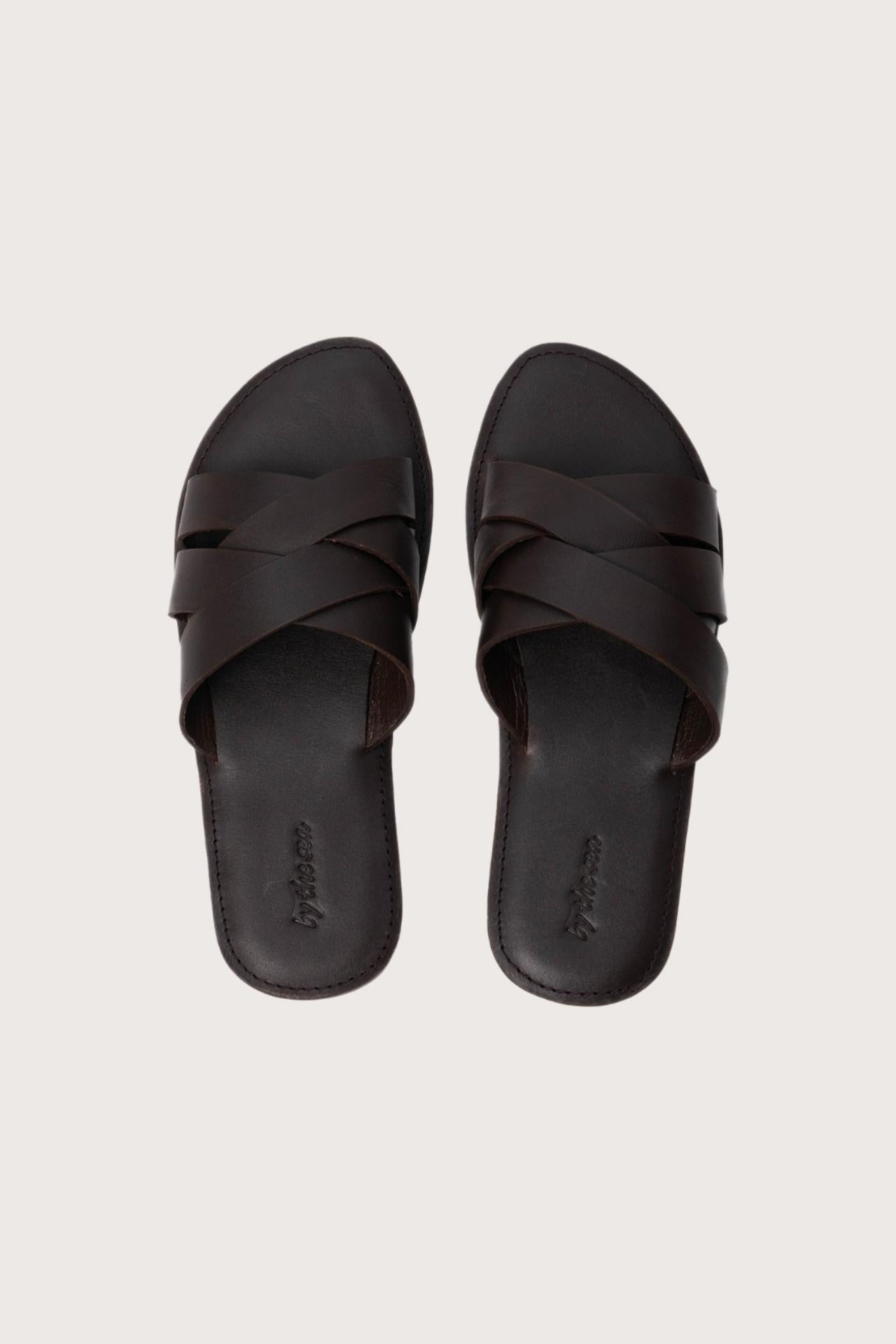 Milos sandal in marrone shown in a global view highlighting its full silhouette and refined resort design