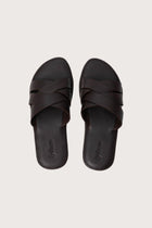 Milos sandal in marrone shown in a global view highlighting its full silhouette and refined resort design