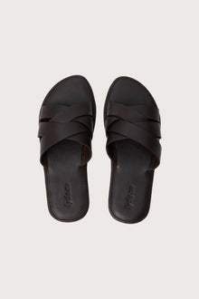 Milos sandal in marrone shown in a global view highlighting its full silhouette and refined resort design