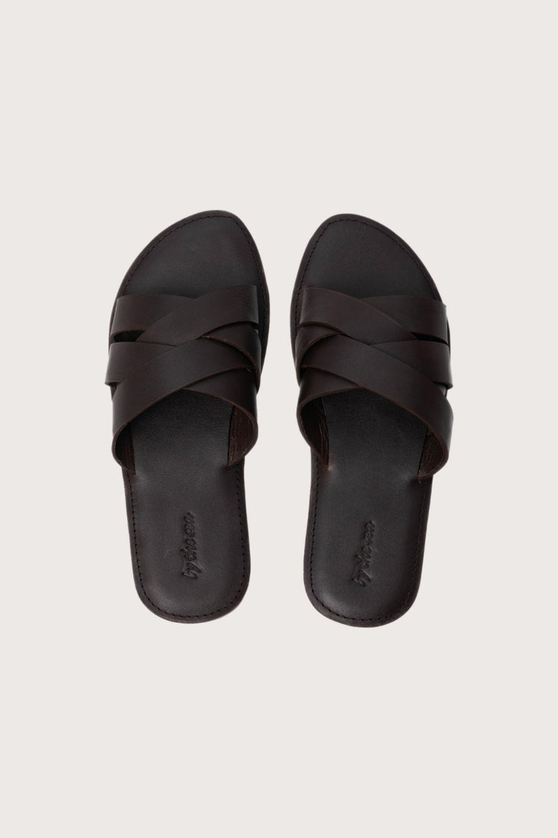 Milos sandal in marrone shown in a global view highlighting its full silhouette and refined resort design