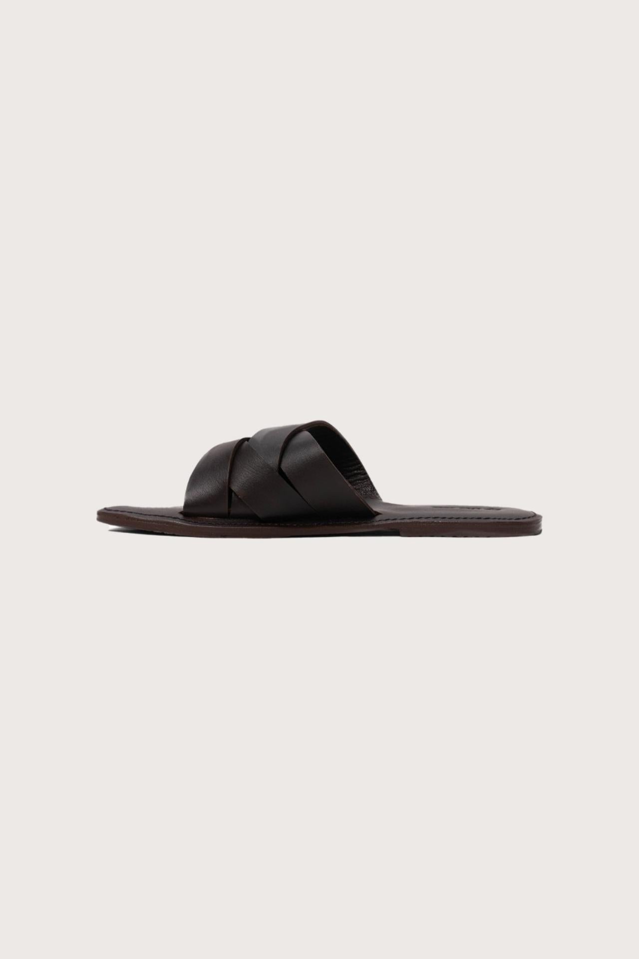 Side profile of Milos sandal in marrone highlighting sleek and modern resort footwear silhouette