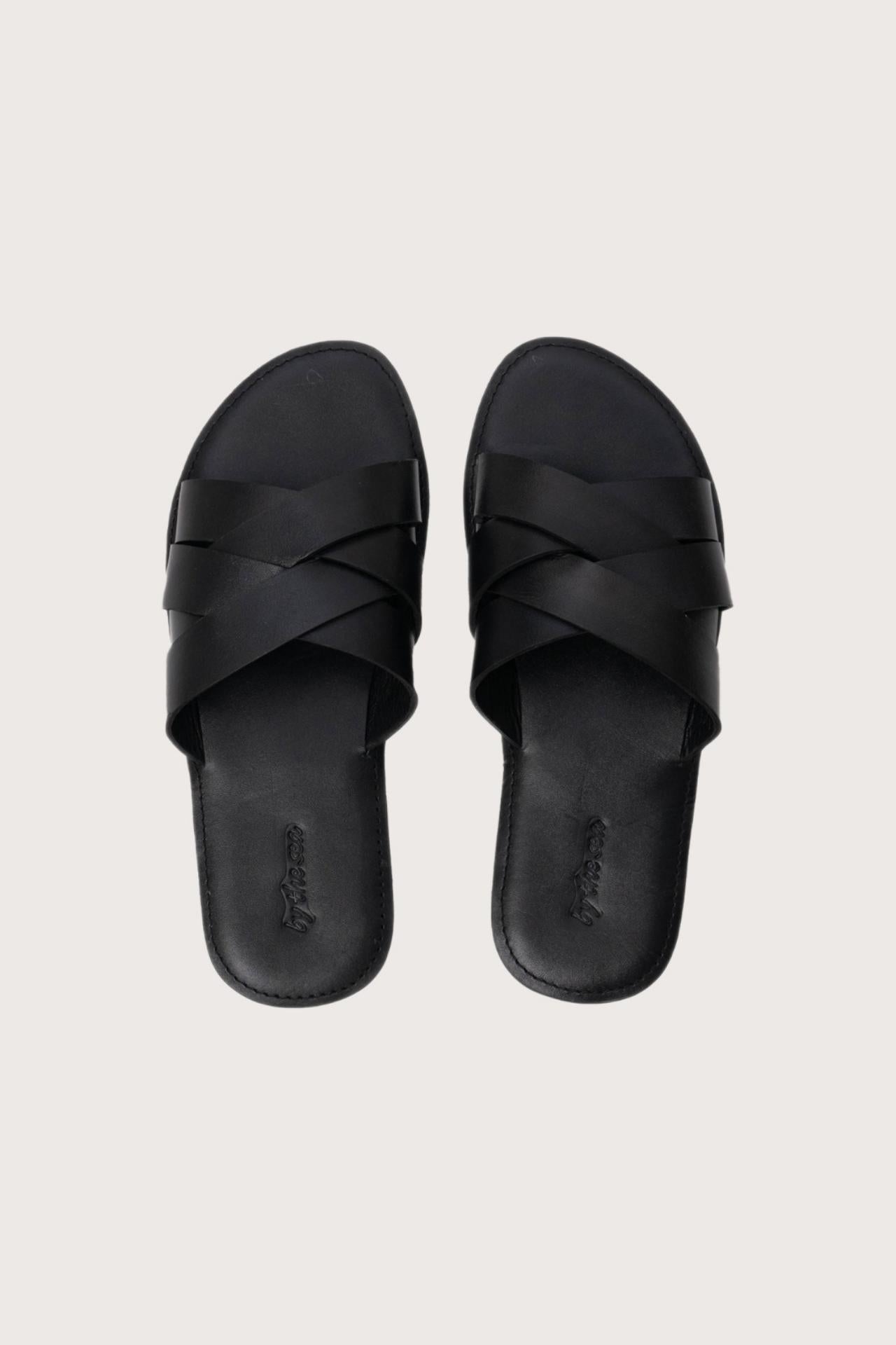 Milos sandal in nero shown in a global view highlighting its full silhouette and refined resort design