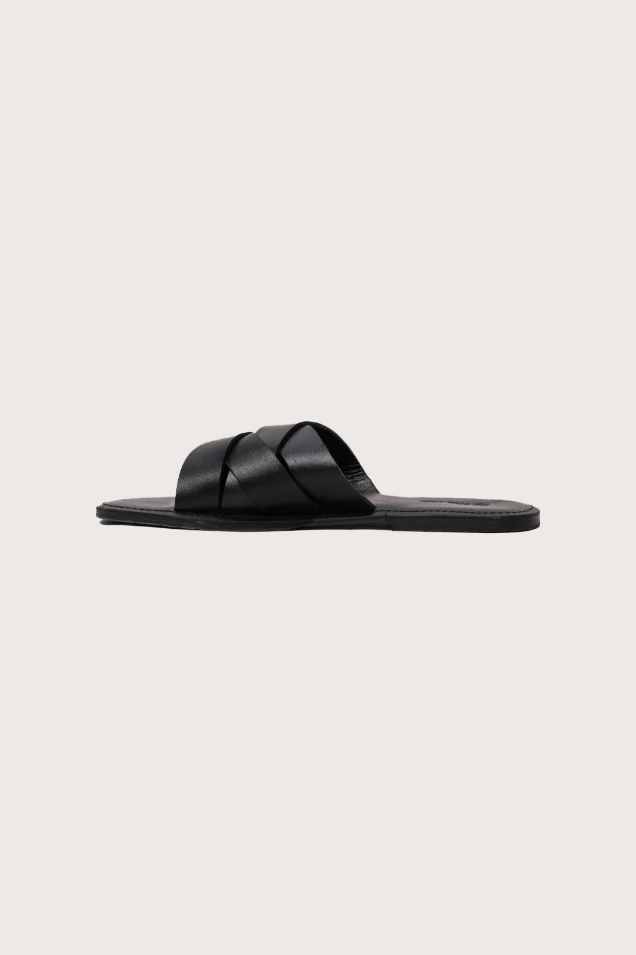 Side profile of Milos sandal in nero highlighting sleek and modern resort footwear silhouette