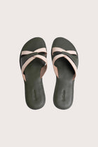 Mina sandal in forest green shown in a global view highlighting its full silhouette and refined resort design