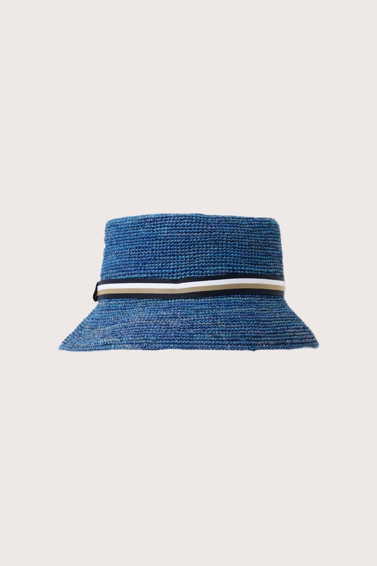 Back view of the Moa Raffia Bucket Hat Blue showcasing natural raffia craftsmanship and effortless resort style