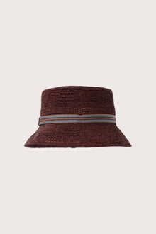 Back view of the Moa Raffia Bucket Hat Bordeaux showcasing natural raffia craftsmanship and effortless resort style