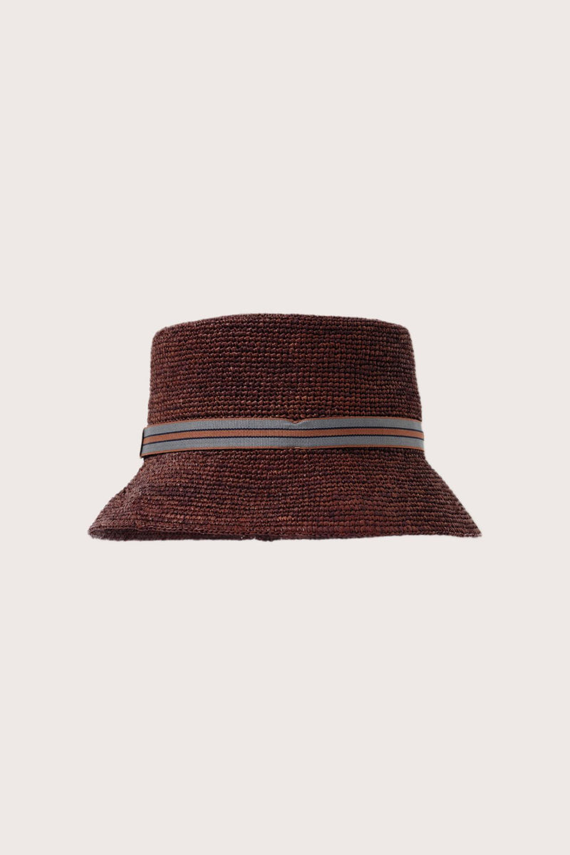 Back view of the Moa Raffia Bucket Hat Bordeaux showcasing natural raffia craftsmanship and effortless resort style