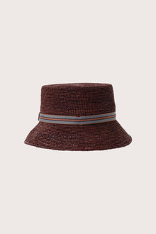 By The Sea Bali Moa Raffia Bucket Hat in bordeaux featuring a relaxed bucket silhouette and artisanal raffia texture