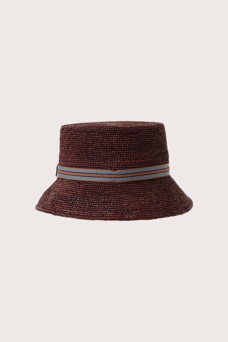 By The Sea Bali Moa Raffia Bucket Hat in bordeaux featuring a relaxed bucket silhouette and artisanal raffia texture
