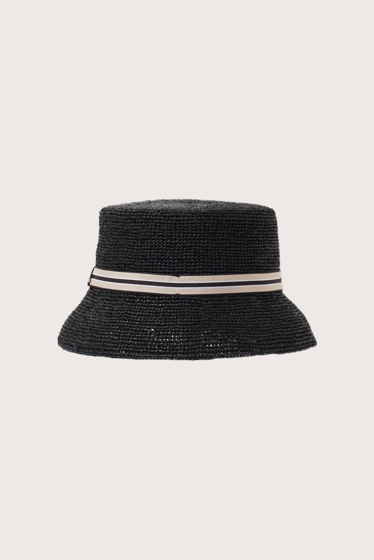 Back view of the Moa Raffia Bucket Hat Onyx showcasing natural raffia craftsmanship and effortless resort style