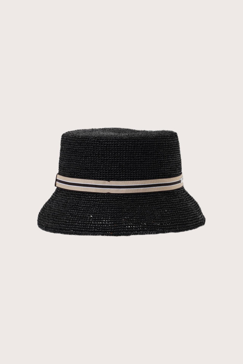 By The Sea Bali Moa Raffia Bucket Hat in onyx featuring a relaxed bucket silhouette and artisanal raffia texture