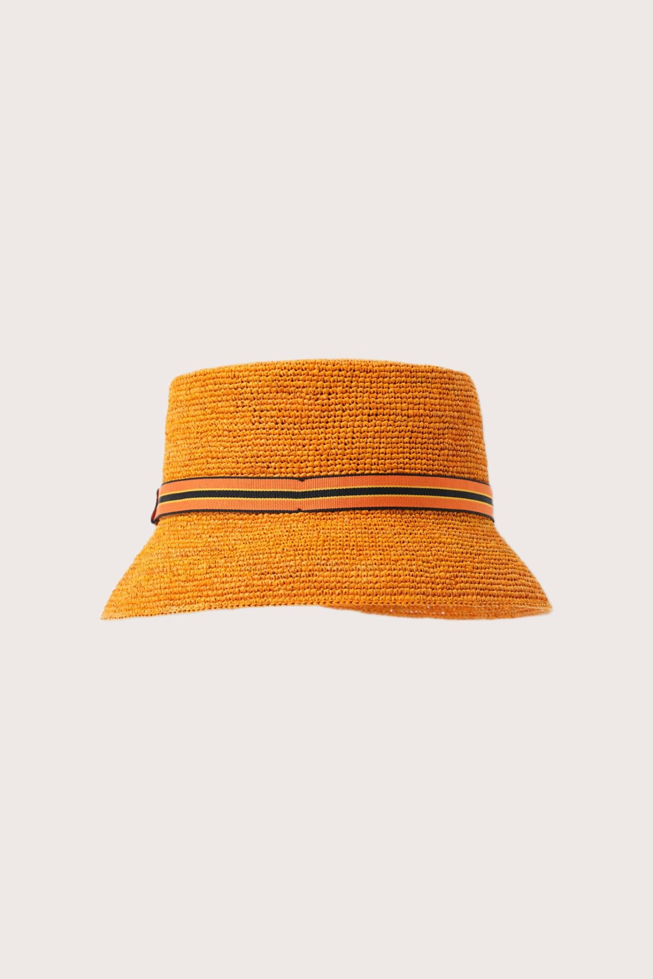 Back view of the Moa Raffia Bucket Hat Tangerine showcasing natural raffia craftsmanship and effortless resort style