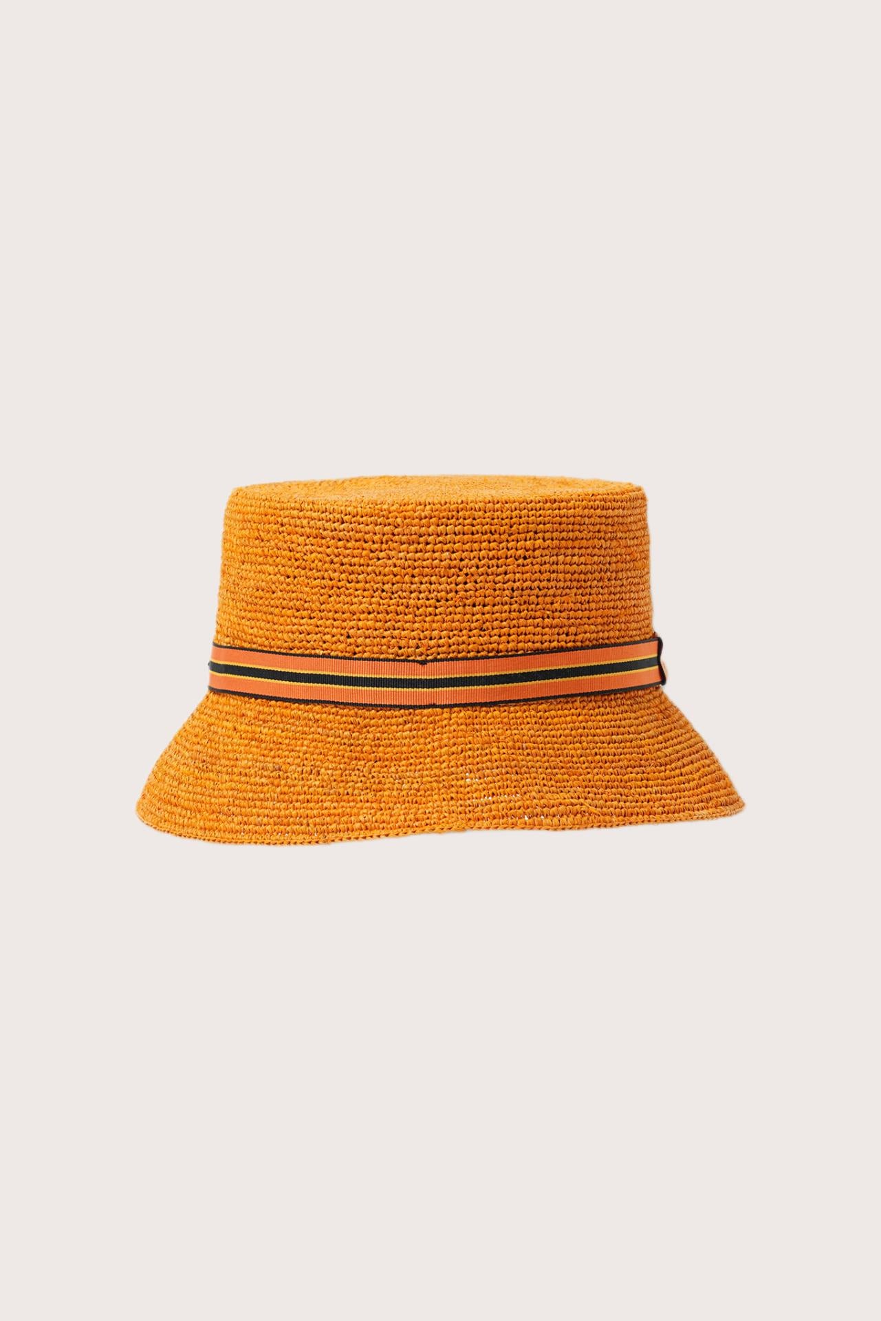 By The Sea Bali Moa Raffia Bucket Hat in tangerine featuring a relaxed bucket silhouette and artisanal raffia texture