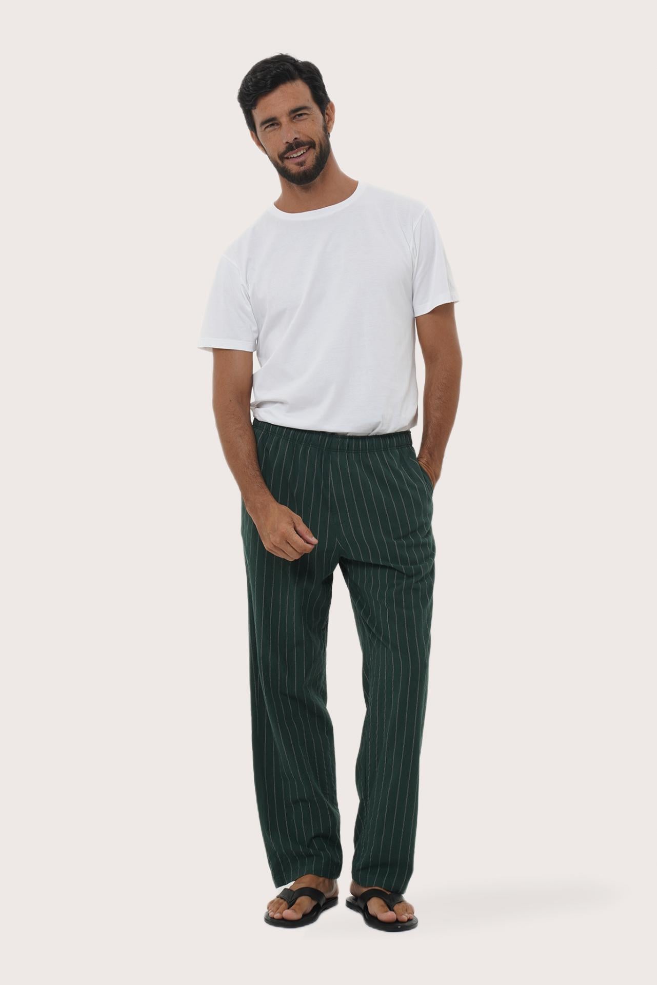 By The Sea Bali Moe Striped Pajama Set in Green — breathable cotton-blend lounge set for elevated downtime