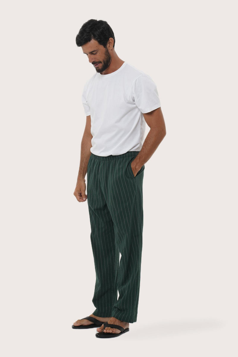 Side profile of the Moe Striped Pajama Set in Green by By The Sea Bali, crafted in soft cotton-hemp blend