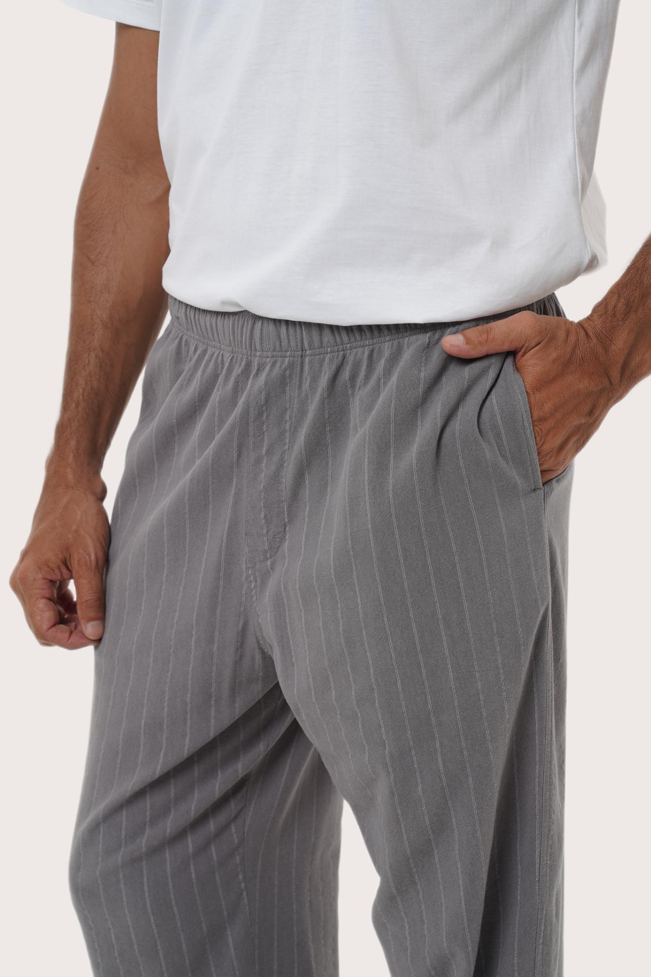 Close-up detail of the Moe Striped Pajama Set in Grey highlighting the signature stripe weave by By The Sea Bali