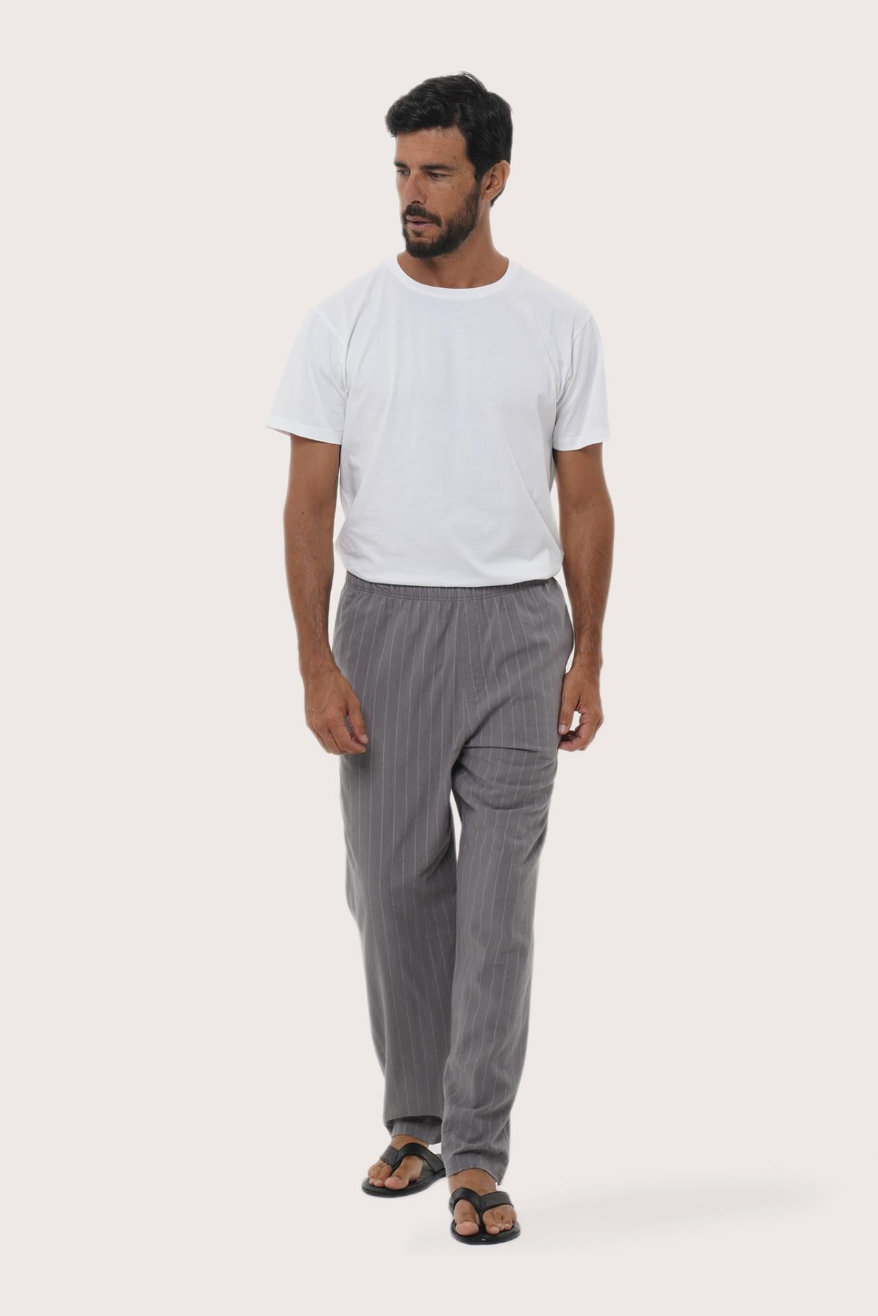 Front styling of the Grey Moe Striped Pajama Set showcasing its relaxed tee and lounge pant by By The Sea Bali