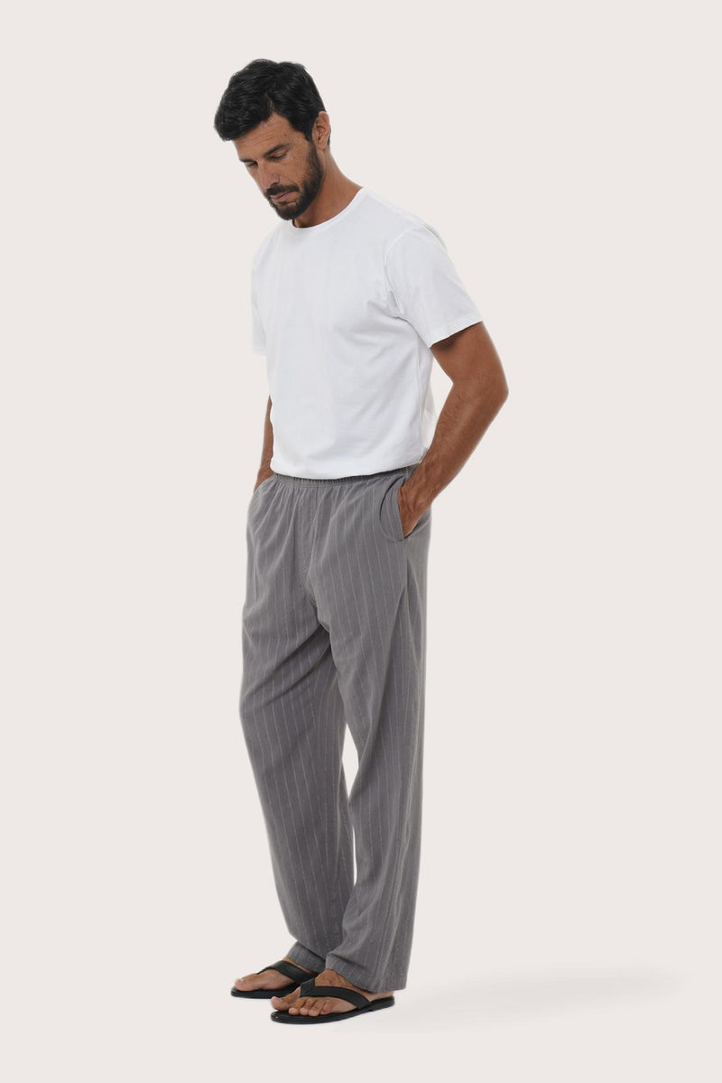 Side profile of the Moe Striped Pajama Set in Grey by By The Sea Bali, tailored in soft cotton-hemp blend