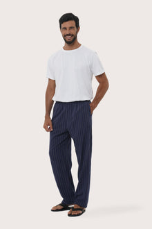 Side view of the Moe Striped Pajama Set in Navy by By The Sea Bali, tailored in soft cotton-hemp blend